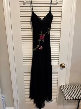 Cache Black Dress with Pink and Green Floral Embroidery